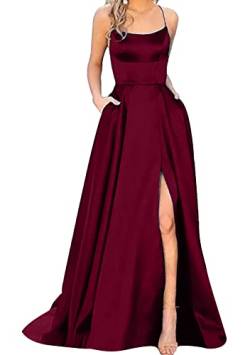 Yming Damen Satin Seite Hoch Geschlitzt Ballkleider Spaghettiträger Elegantes Kleid Lange Abendkleider Rotwein L von Yming