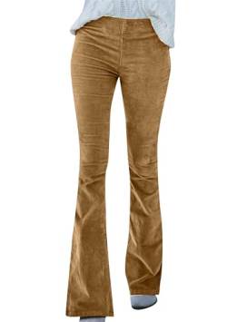 Yming Damen Schlaghose Vintage Casual Cordhose Hohe Taille Einfarbige Hose Mit Taschen Khaki S von Yming