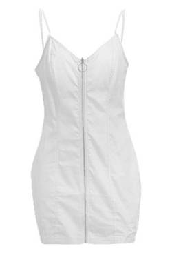 Yming Damen Sexy Minikleid Reißverschluss Vorne Partykleid Slim Fit Ärmellos Urlaubkleid Weiß XL/DE 42-44 von Yming