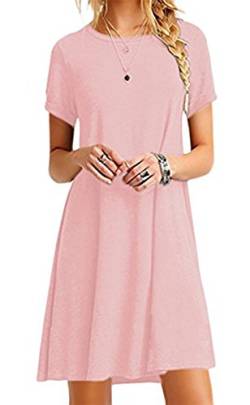 Yming Damen Sommerkleid Kurzarm T-Shirt Kleid Einfarbig Tunika Mini Kleid Rosa XL/DE 42 von Yming