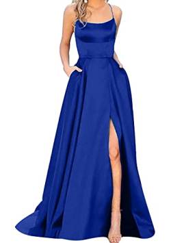 Yming Damen Spaghettiträger Kleid Satin Ballkleider Mit Schlitz Viereckiger Ausschnitt Ballkleid Formales Kleid Blau S von Yming