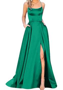 Yming Damen Spaghettiträger Satin Kleider Brautjungfer Langes Kleid Mit Taschen Viereckiger Ausschnitt Partykleider Grün M von Yming