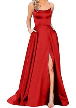 Yming Damen Split Satin Elegantes Kleid Party Cocktail Maxi Kleid Langes Abendkleid Mit Taschen Rot S von Yming