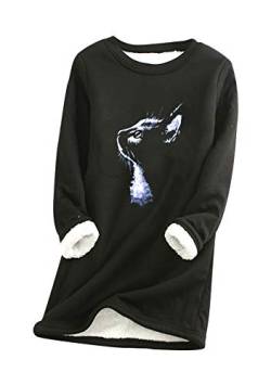 Yming Damen Teddy Fleece Pulli Bedrucktes Pullover Langarm Pulli Katze Rundhals Oberteil M-Schwarz S von Yming