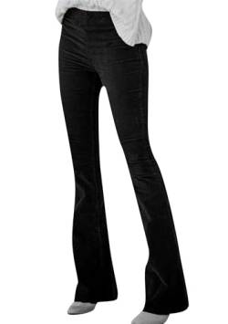 Yming Damen Unifarbene Elastische Taille Hose Klassische Cordhose Vintage Schlaghose Lose Hose Schwarz S von Yming