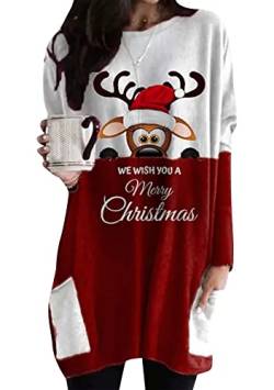 Yming Damen Urlaub Sweatshirts Rundhals Pullover Langarm Pullover mit Taschen Elch Weiß Rot S von Yming