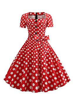 Yming Damen V Ausschnitt Slim Fit Kleid Hohe Taille Tunika Kleid Vintage Sommerkleid Rot Polka Punkte S von Yming