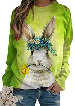 Yming Damen Vintage Lose Blume Pullover Rundhalsausschnitt Ostern Sweatshirts Langarm Sweatshirts Grün Hase 3XL von Yming