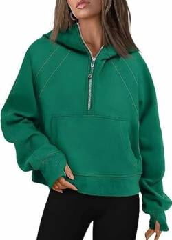 Yming Damen Warm Fleece Hoodies Solid Stand Kragen Pullover Lose Pullover Casual Sport Daumenloch Tops Dunkelgrün S von Yming