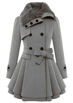Yming Damen Warme Kapuzenjacke Zweireihige Trenchcoat Langarm Künstliche Wollmischung Jacke mit Gürtel Grau XXS von Yming