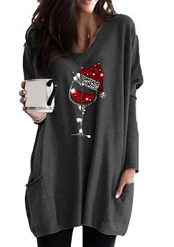 Yming Damen Weihnachtspullover Mit Taschen Langarm Sweatshirt Weinglas Druck Pullover Grau S von Yming