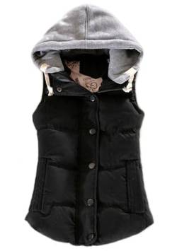 Yming Damen Winter Warm Weste Hooded Slim Mit Knöpfen Und Reißverschluss Steppjacke Mit Taschen Ultraleicht Mantel Schwarz L von Yming