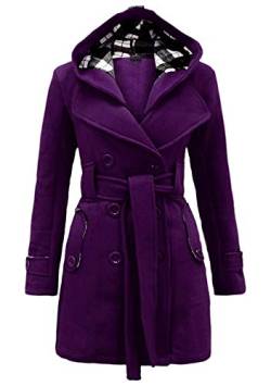 Yming Damen Winter Warmer Kapuzenmantel Langer Mantel Steppjacke Mantel aus Wollmischung Elegante Taschen Violett L von Yming