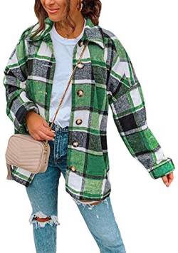 Yming Damen kariertes Hemd Jacke übergroße Holzfällerjacke Mantel Wintermantel mit Taschen Knöpfe Langarm Bluse Mode Freund Jacken Grün S von Yming