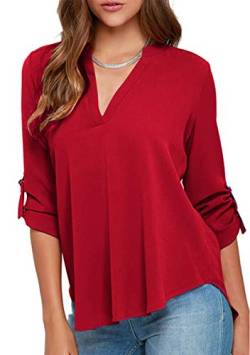 Yming Frau Chiffon Bluse Casual Shirts V-Ausschinit mit Bündchen Lose Halber Ärmel Shirt Rot XXXL von Yming