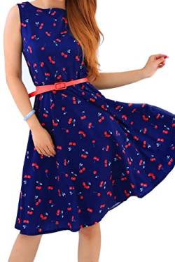 Yming Frauen Blumenkleid Swing Cocktailkleider Blumendruck Sommerkleid Vintage Partykleider Dunkelblau Kirschen XXL/DE 44-46 von Yming