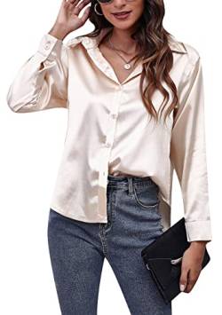 Yming Frauen Bluse Satin Seide Hemden Knopf Hemden Casual Loose Langarm Büro Arbeit Tunika Tops Beige 3XL von Yming