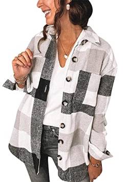 Yming Frauen Casual Flanell Plaid Hemden Jacke Langarm Shacket Button Down Revers Mantel Vintage Shackets Shirts Schwarz 3XL von Yming
