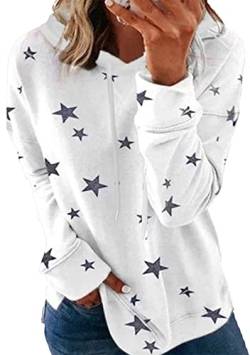 Yming Frauen Casual Langarm Sweatshirts Baggy Kapuzenshirt Sterndruck Sweatshirt Freizeit Weiß 3XL von Yming