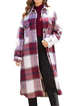 Yming Frauen Casual Lange Flanell Plaid Jacke Shacket Side Schlitz Revers Knopf Shirt Jacke Trench Mantel Weinrot 2XL von Yming