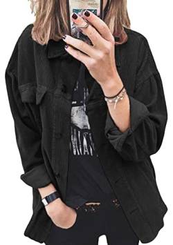 Yming Frauen Casual Roll Up Manschette Hemd Revers Mode Cord Jacke Oversized Cardigan Schwarz S von Yming