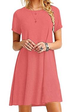 Yming Frauen Casual Shirtkleid Kurzarm Kleid Rund Ausschnitt Basic Tunikakleid Koralle XXL/DE 44 von Yming