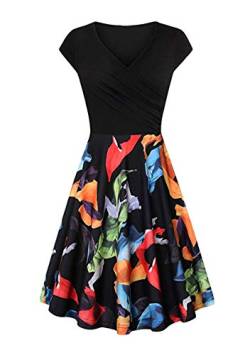 Yming Frauen Cocktail Kleid Elegant Kurzarm Kleid Sexy V-Ausschnitt Kleid Blumen/Blattschwarz L von Yming