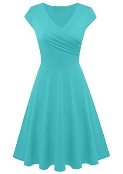 Yming Frauen Elegantes einfarbiges Kurzarmkleid V-Ausschnitt Party Cocktail Prom Knielanges Kleid Aquamarin S von Yming