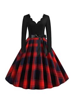 Yming Frauen Hohe Taille Tunika Kleid Audrey Hepburn Swing Kleid Casual Party Vintage Kleid Kariert Rot Blau XL von Yming