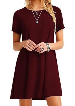 Yming Frauen Kurzarm Soild Farbe Rundhals T-Shirt Minikleid Lässige Tunika Tops Loose Fit Swing Kleid Marineblau Kleid Wein Rot M von Yming