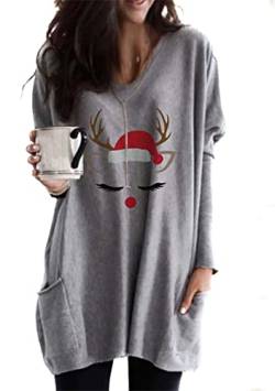 Yming Frauen Langarm Pullover Weihnachten Gedruckte Pullover Rundhals Sweatshirts Elch Hellgrau XL von Yming