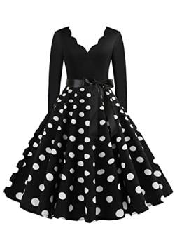 Yming Frauen Langarm Rockabilly Kleider Punktmuster Kleider Sexy Abendkleid Mit Gürtel Retro Partykleid Schwarz 3XL von Yming