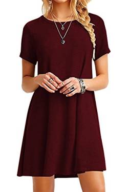 Yming Frauen Lose Kurzarm Kleid Freizeithemd Kleid Rundhals Langes Hemd Minikleid Plus Größe Burgundy XXXXXL/DE 50 von Yming