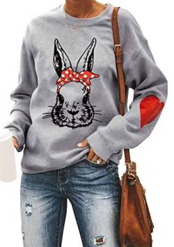 Yming Frauen Lose Ostern Kaninchen Rundhalsausschnitt Sweatshirt Druck Lässig Lose Pullover Sweatshirt Grau L von Yming