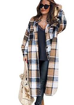 Yming Frauen Revers Button Down Shacket Mantel Oversized Color Block Mantel Casual Lange Ärmel Plaid Mantel Braun M von Yming