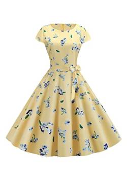 Yming Frauen Rockabilly Cocktailkleid Mit Gürtel Kurzärmelige Kleider Trapezkleider Audrey Hepburn Elegante Sexy Blumenkleider Gelb Blumen S von Yming