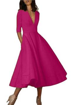 Yming Frauen Rockabilly Kleid Vintage Abendkleid Halber Ärmel Schwing Kleid Partykleid Abendkleid Rose M DE 38 40 von Yming
