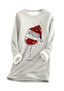 Yming Frauen Rundhals Pullover Weihnachten Weinglas Teddy Fleece Pulli Langarm Pullover Hellgrau M von Yming