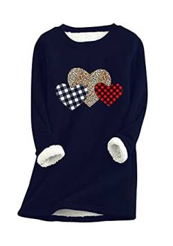 Yming Frauen Rundhals Sweatshirts Winter Warme Pullover Herz Langarm Pulli Teddy Fleece Pullover Navy Blau M von Yming