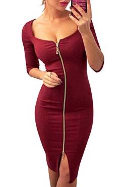 Yming Frauen Sexy Sommerkleid Tief Quadratischer Kragen Kleid Reißverschluss Vorne Kleid Rot 4XL von Yming