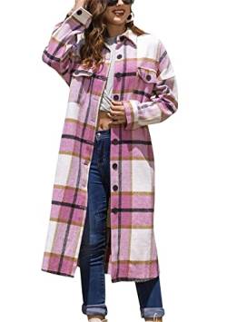 Yming Frauen Side Schlitz Plaid Revers Lumberjack Casual Shirt Oversized Lightweight Button Long Cardigan Rosa S von Yming