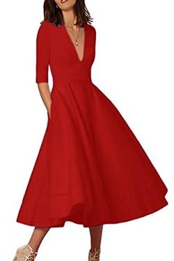 Yming Frauen Tiefer V Ausschnitt Cocktailkleid Hoher Taillen Kleid Halber Ärmel Midikleid Elegantes Partykleid Rot M DE 38 40 von Yming