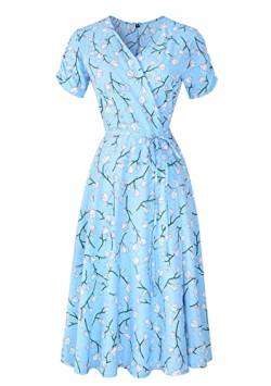 Yming Frauen V-Ausschnitt Blumenkleid Kurzarm Sommerkleid Sexy Swing Kleider Blau M von Yming
