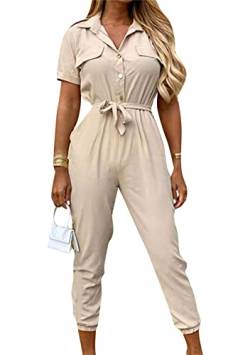 Yming Frauen V Ausschnitt Gürtel Jumpsuits Kurze Ärmel Casual Button Down Cargo Latzhose Mit Taschen Lose Jumpsuits Aprikose M von Yming