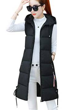 Yming Frauen Warme Lange Weste Hooded Weste mit Reißverschluss Steppjacke mit Taschen Leichter Mantel Schwarz L von Yming