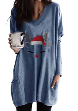 Yming Frauen Weihnachten Gedruckte Pullover Langarm Sweatshirts Rundhals Pullover Elch Blau XXL von Yming