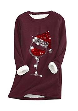 Yming Frauen Weihnachten Weinglas Unterhemd Teddy Fleece Pullover Langarm Pullover Bordeaux S von Yming