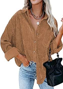 Yming Frauen leichte Vintage Hemden Cord Revers Jacken Loose Fit Mit Taschen Braun M von Yming