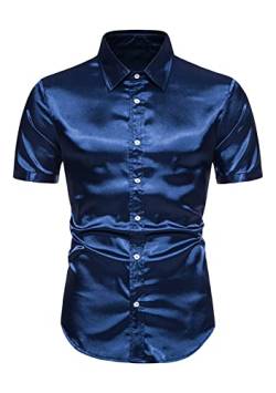 Yming Glänzende Herren Casual Shiny Prom Shirts Stylish Solid Color Shirt Stehkragen Button Down Hemd Marineblau S von Yming