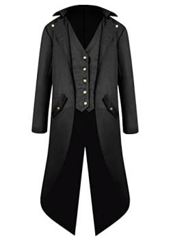 Yming Herren Retro Renaissance Gothic Steampunk Frack Jacke Mittelalterlich Viktorianisch Bestickter Vintage Halloween Mantel Rein Schwarz XXL von Yming